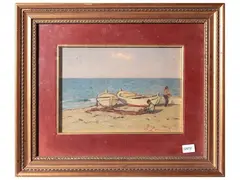 Fishermen on the beach by Giovanni Lomi, Oil on tablet, offered Sep 2025