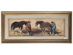 Characters and horses by Basso Ragni, oil on chipboard panel, offered Sep 2025