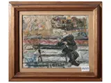 Guido Borgianni, Figure on the bench, Oil on Tealated cardboard