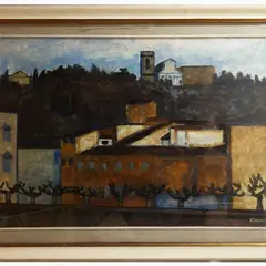 Lungarno Fiorentino con Veduta di San Miniato by Renzo Grazzini, oil on tavoletta, offered Sep 2025