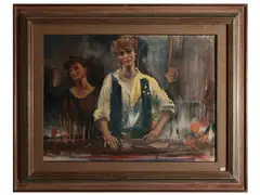 La ragazza del bar by Romano Stefanelli, oil on cardboard, offered Jul 2025
