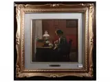 Cafiero Filippelli, Interior with woman who sews, Oil on faesite