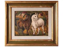 Horses by Beppe Serafini, oil on engraved cardboard, offered Apr 2025