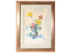Flower pot by Enzo Pregno, tempera on paper, offered Apr 2025