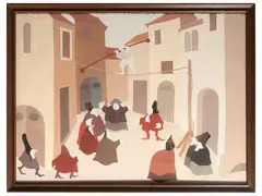 Figures in the square by Marco Pasega, Pair of tempera paintings on table, offered Apr 2025
