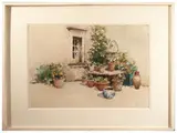 Plants in the courtyard by Vincenzo Irolli, watercolor on paper applied to cardboard, offered Apr 2025