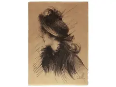 Portrait of a woman with hat by Giovanni Boldini, charcoal on paper, offered Apr 2025