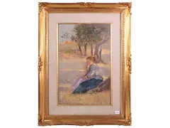 Country landscape with seated woman by Guglielmo Micheli, Oil on panel, offered Apr 2025