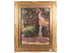 View of a garden with sculpture by Mario Cocchi, oil on panel, offered Apr 2025