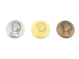 Three medals in gold, silver and bronze by Pietro Annigoni, with bas -relief depicting female head, offered Apr 2025