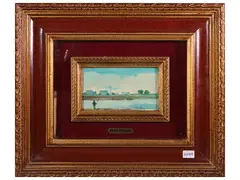 Fisherman on the Arno by Silvio Polloni, oil on tablet, offered Mar 2025