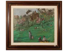 View of a park with figures by Renato Alessandrini, oil on canvas, offered Feb 2025