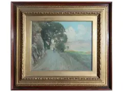 Glimpse of coastal road with travellers by Alceste Campriani, oil on panel, offered Feb 2025