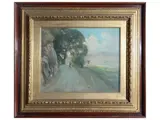 Alceste Campriani, Glimpse of coastal road with travellers, oil on panel