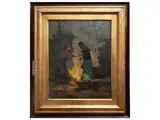 Bonfire in the woods by Renato Natali, oil on cardboard, offered Feb 2025