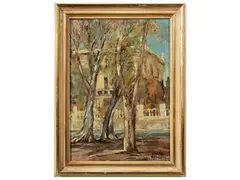 Shrokelet with 1960 trees by Bruno Rosai, Oil on Faesite, offered Feb 2025