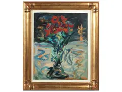 Flower pot by Enzo Pregno, oil on cardboard, offered Feb 2025