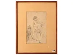 Genre scene with female figures by Fernand Riblet, pencil sketch on paper, offered Feb 2025