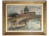 Enzo Pregno, Glimpse of Florence with bridge, oil on canvas