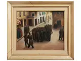 Arrigo Dreoni, City view with figures, oil on canvas