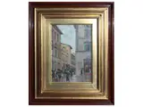 Egidio Tonti, Glimpse of Florence with passers-by in the rain, oil on panel