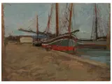 Carlo Passigli, View of the port with moored boats, oil on panel