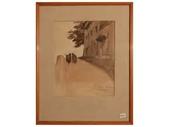 View of the road with two travellers by Luigi Michelacci, watercolor on paper, offered Feb 2025