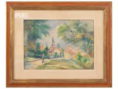 Village with church by Fernand Riblet, watercolor on paper, offered Feb 2025