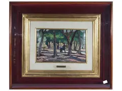 Tree-lined Landscape with Seated Figure by Ulvi Liegi, oil on cardboard, offered Dec 2024