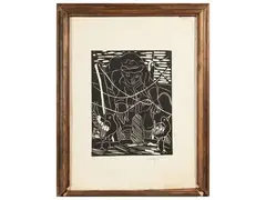 Little girl with doves by Beppe Serafini, woodcut on paper, offered Dec 2024