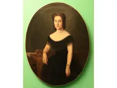 Portrait of a gentlewoman in a black dress and pearls 1872 by Victor Favier, oil on canvas in oval, offered Dec 2024