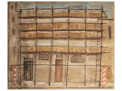 City view with building and scaffolding by Emilio Malenotti, oil on canvas, offered Dec 2024