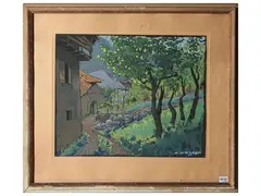 Achille Dal Lago, Lot of watercolors, Landscape with farmhouses and trees