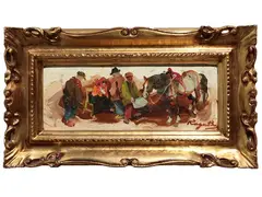 Horse and figures by Basso Ragni, oil on hardboard, offered Dec 2024