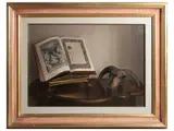 Rossella Segreto Annigoni, Composition with lectern, missal and mouflon head, oil on canvas cardboard