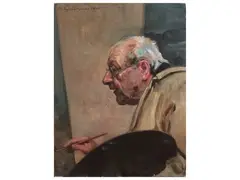 Self-portrait at the easel 1946 by Michele Garinei, oil on canvas, offered Nov 2024