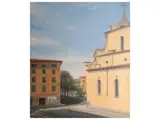 Rossella Segreto Annigoni, Glimpse of the Church of Santo Spirito seen from the house, oil on canvas