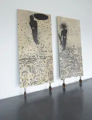 Enzo Cucchi, Untitled, 1986, Dry pigment on cement and metal wheels in