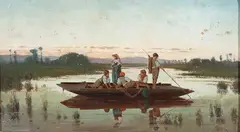 Giuseppe Laezza, Fishing boat at sunset, oil on pressed cardboard