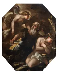 Luca Giordano, The Sacrifice of Isaac, oil on canvas in octagon