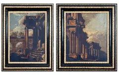 Viviano Codazzi, a) Architectural capriccio with bystanders; b) Architectural capriccio with ruins, aqueduct and bystanders, pair of oils on canvas