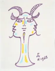 Jean Cocteau, Capra a tre facce, 1962, Dark purple marker and yellow and blue grease pencils