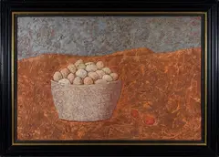 Domenico Gnoli, Eggs basket, 1960, Tempera and sand on canvas