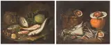 a) Lattughe, orate, triglia, spigola e funghi su un piano; b)Spigola, calamaro, ricci e alici su un piano, polpo su piatto e capasanta in cesto by detto Masillo Tommaso Realfonso, coppia di oli on canvas, offered May 2025