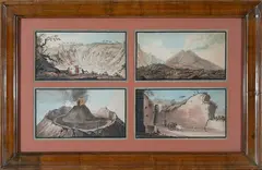Pietro Fabris, a) Last eruption of the Campi Flegrei; b) The Atrio di Cavallo valley; c) Crater of Vesuvius; d)Enter the Posillipo cave, 4 watercolours print in a frame