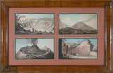 Pietro Fabris, a) Last eruption of the Campi Flegrei; b) The Atrio di Cavallo valley; c) Crater of Vesuvius; d)Enter the Posillipo cave, 4 watercolours print in a frame