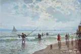Attilio Pratella, Spiaggia con bagnanti, oil on panel