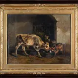 a) Mucca e caprette entro una stalla; b) Interno rustico con asinello e mamma con bambino by Filippo Palizzi, coppia di oli on canvas, offered May 2023