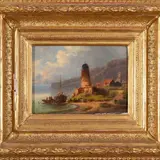 Giuseppe Carelli, Marina con molo, faro e barca con pescatori