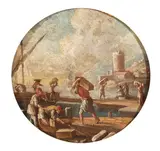 Veduta di porto by detto il Mascacotta Gennaro Greco, oil on canvas in tondo, offered Nov 2022